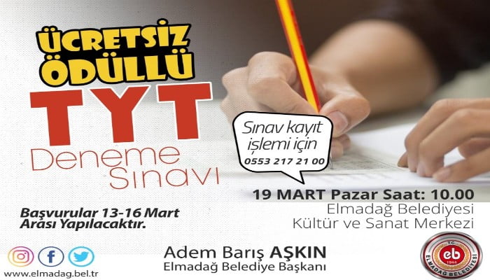 Elmadağ Belediyesi tarafından Yükseköğretim Kurumları Sınavı (YKS)’ye hazırlanan öğrenciler için deneme sınavı yapılacak